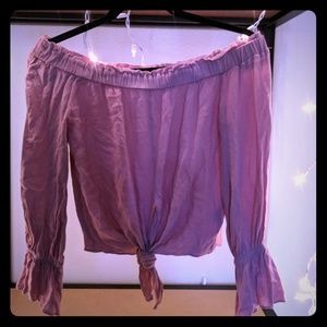 THRIFTED pink off the shoulder, tie up/cropped top